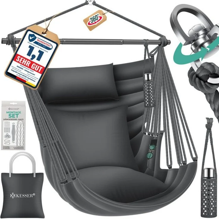 KESSER® Hängesessel Haiti 150kg Traglast, Hängestuhl 360° Drehung, Hängeschaukel Indoor-Outdoor UV-beständig & Wasserfest, Pflegeleicht, Inkl. 2 Kissen, Tragetasche, Flaschenhalter & Montage-Set Anthrazit / Anthrazit – Bild 1