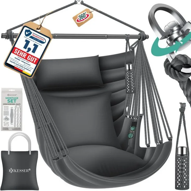 KESSER® Hängesessel Haiti 150kg Traglast, Hängestuhl 360° Drehung, Hängeschaukel Indoor-Outdoor UV-beständig & Wasserfest, Pflegeleicht, Inkl. 2 Kissen, Tragetasche, Flaschenhalter & Montage-Set Anthrazit / Anthrazit