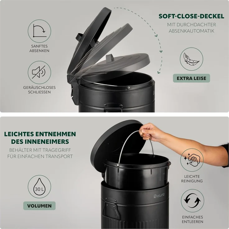 eluno Mülleimer 30 Liter Fassungsvermögen aus schwarzem Metall – Bild 3