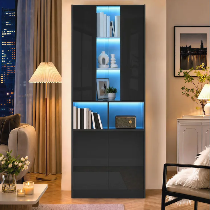 DESVIAE Garderobenschrank Hochschrank Schwarz aus MDF/Spanplatte – 70x180x35 cm – LED-Beleuchtung, Acryl-Sichtfenster