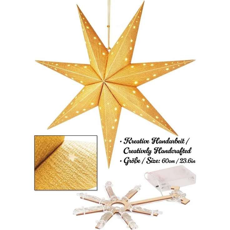 BRUBAKER LED Stern Weihnachtsstern zum Aufhängen - 60 cm Papierstern mit 7 Spitzen, Batteriebetrieben, Hängend und Beleuchtet, LED fest integriert, Warmweiß, 3D Adventsstern - Fenster Deko Leuchtstern – Bild 2