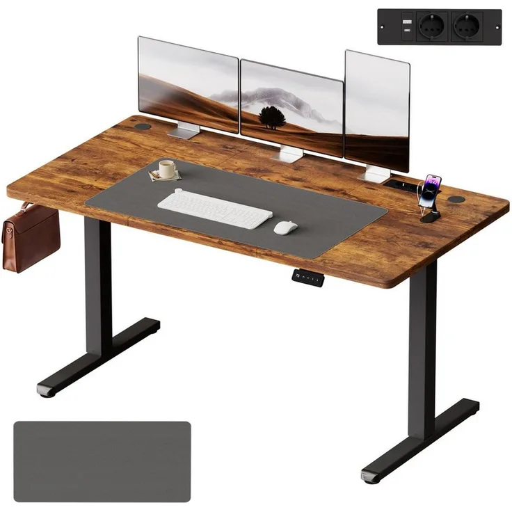 HOMALL Schreibtisch Höhenverstellbarer schreibtisch Mit Steckdose,18 mm Tischplatte (Großzügige Arbeitsfläche:120/140/160x70 cm,Inklusive gratis Desk-Pad,mit 2 Steckdosen & 2 USB-Anschlüssen, Memory-Funktion, LED-Display)
