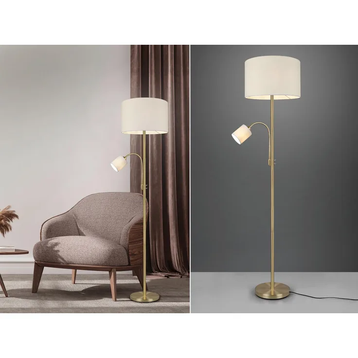 Stehleuchte HOTEL Messing mit Leselampe, Stoffschirm Creme, Höhe 170cm