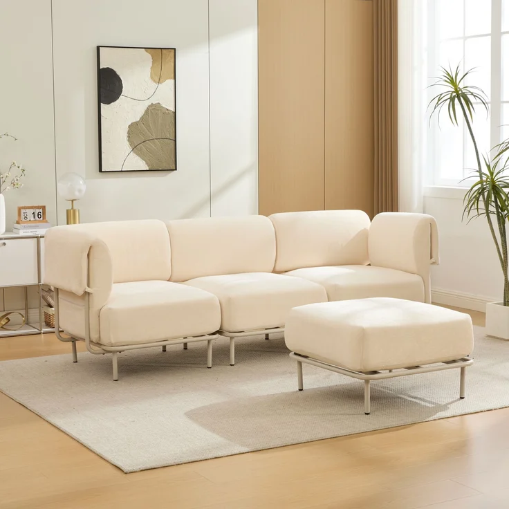 Modulares 3-Sitzer-Sofa mit Hocker, B 251 x T 155 x H 78 cm, beiger Chenille, flexibel kombinierbar – Bild 1