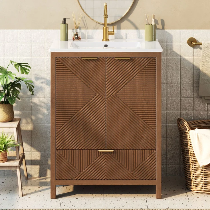 Freistehender Badschrank mit Keramikwaschbecken, B 61 x T 47 x H 87 cm, MDF in Walnussoptik – Bild 2