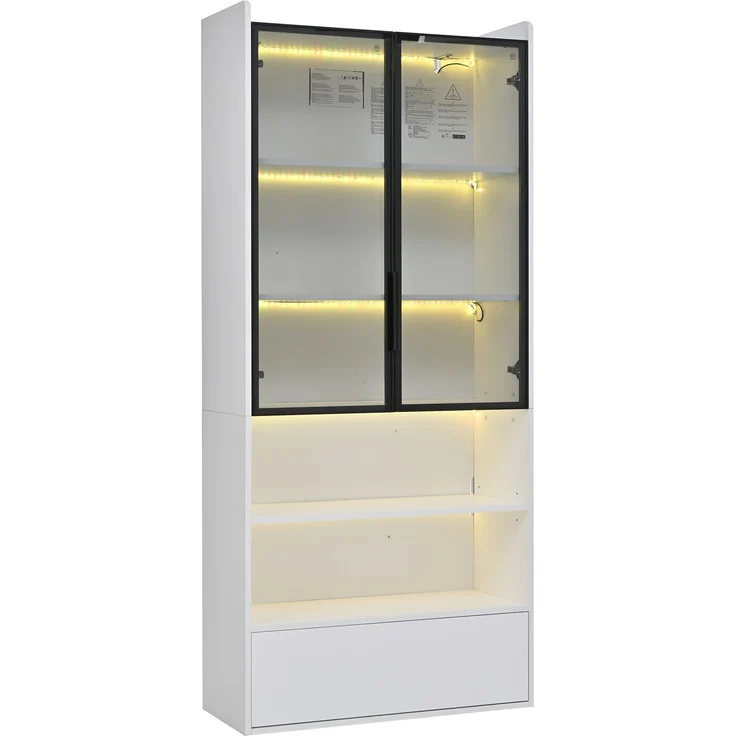 Vitrine 80 x 34 x 180 cm in Weiß mit Glastür, Schublade und LED-Beleuchtung – Bild 7