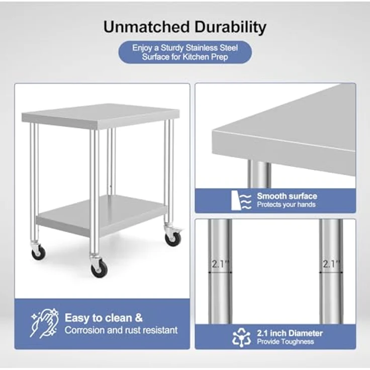 GarveeHome Arbeitstisch aus Edelstahl für Lebensmittelzubereitung, höhenverstellbar mit 3 Stufen, 4 Lenkrollen (2 gebremst), Maße 91x60 cm, ideal für gewerbliche Küchen, Restaurants & Catering – Bild 5