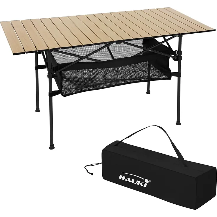 Hauki Campingtisch Klapptisch faltbar aus Aluminium inkl. Tragetasche, Gartentisch 118x55x64,5 cm Beige, Aufrollbare Tischplatte, Falttisch