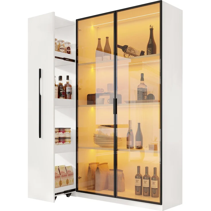 Multifunktionsschrank 110,5×35×160 cm - Vitrine mit Glastür und LED, Seitenauszug, Rollschrank – Hochschrank im französischen Stil, Bücherregal,Vitrine, Badezimmerschrank, Esszimmerschrank--Weiß--170.99x50.5x10.01cm--YOUDENOVA – Bild 9
