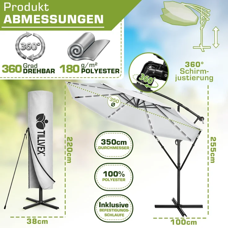 tillvex Alu Ampelschirm Grau LED Solar Ø 350 cm mit Kurbel | Sonnenschirm mit An-/Ausschalter | Gartenschirm UV-Schutz Aluminium | Kurbelschirm mit Ständer Marktschirm wasserdicht – Bild 2