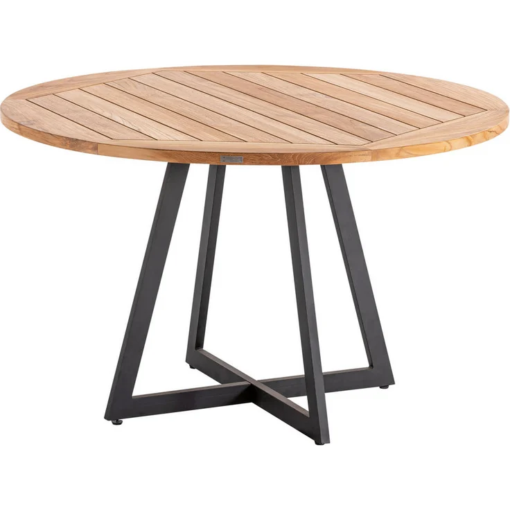 XXXL Gartentisch Teakholz massiv, rund, wetterbeständig, 125 cm Durchmesser, anthrazitfarbige Kufen, gastro- und objekttauglich