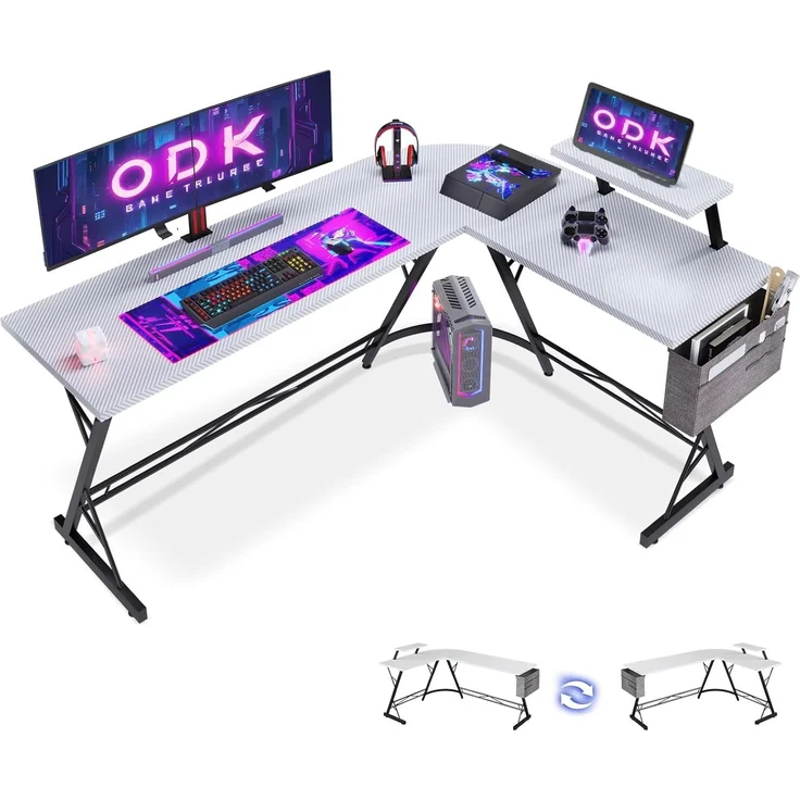 ODK Gaming Tisch, Computertisch, Gaming Schreibtisch mit runder Ecke, Gaming-Tisch mit Monitorablage (Kohlefaser Weiß, 167x120 cm) – Bild 1