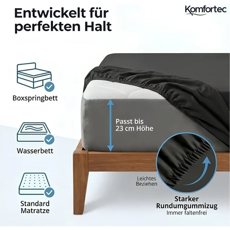 Komfortec Spannbettlaken Jersey Spannbettuch, 90x200, 140x200, 160x200, 180x200 oder 200x200 cm, 100% Baumwolle (135 g/m), Gummizug: Rundum, (1 Stück), OEKO-TEX® Standard 100 Zertifisiert, für Matratzen bis 25 cm Höhe – Bild 2