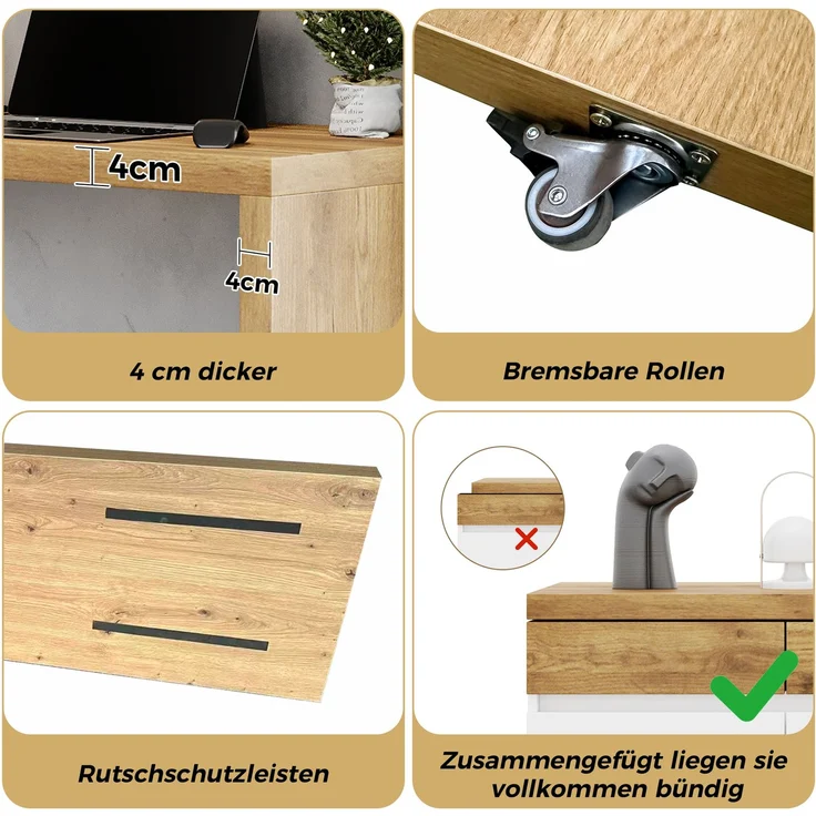 Schreibtisch-Set 78x120x45 cm mit Sideboard, Rollen und 6 Schubladen, Weiß/Eiche-Optik – Bild 8
