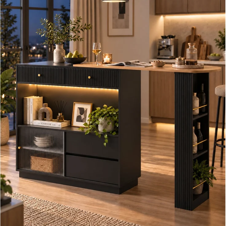 Ausziehbarer Bartisch 120 x 30 x 100 cm – Mit Stauraum, LED & 360°-Drehung, Schwarz – Bild 2