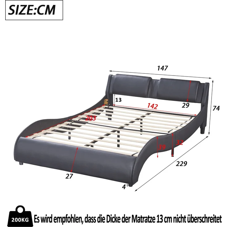 Polsterbett 140x200 cm aus Kunstleder mit LED-Beleuchtung – modernes Design und gepolstertes Kopfteil – Bild 6