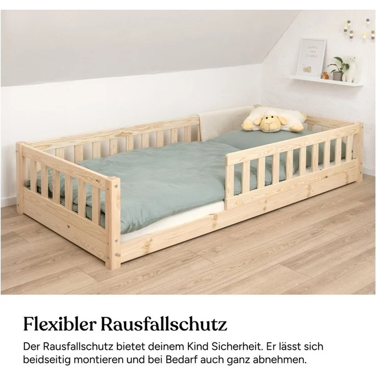 Ehrenkind Kinderbett Bodenbett aus aus massivem Kiefernholz mit Rausfallschutz (Hochwertiges Kinderbett aus FSC® zertifziertem Holz / Bodenbett in 90x200, Montessori Kinderbett 90x200cm), Bodenbett 90x200 cm, aus FSC zertifiziertem Holz – Bild 3