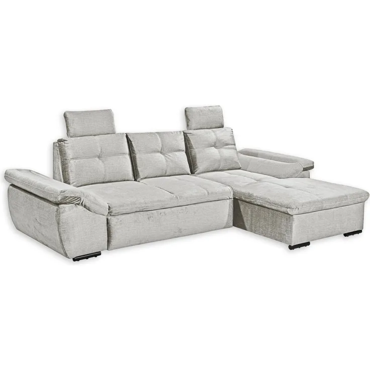 Stella Trading ALIJA Ecksofa mit Schlaffunktion in Silber-Moderne Eckcouch mit Bettkasten und verstellbaren Armlehnen, Holzwerkstoff, Rechts
