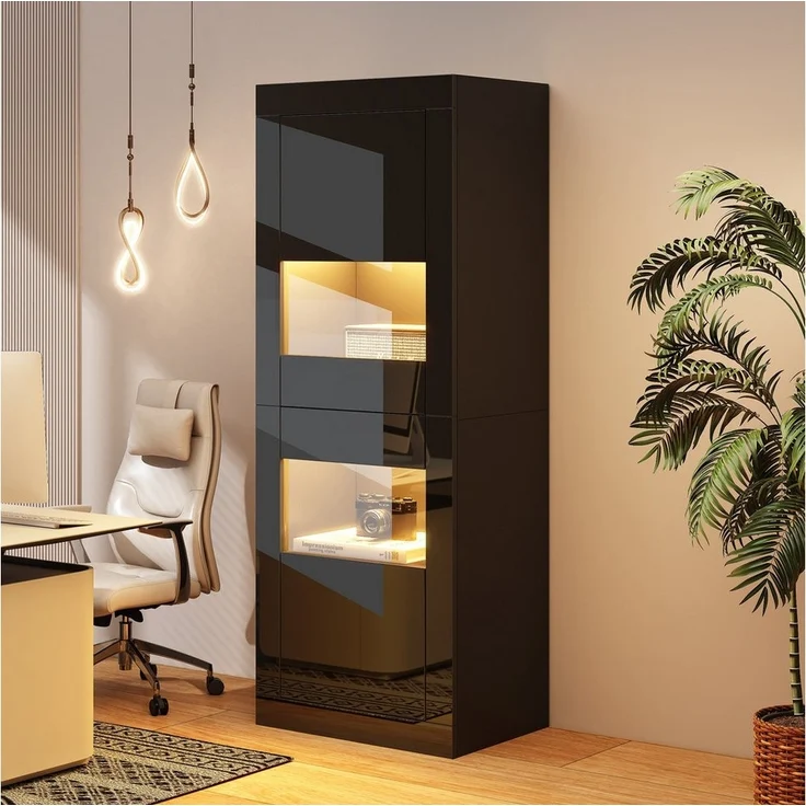 Merax Standvitrine hochglanz Vitrine mit LED-Beleuchtung inkl. Fernbedienung (1-St) Hochschrank mit erstellbaren Glasböden & Kippsicherung, 61x42x162 cm – Bild 2