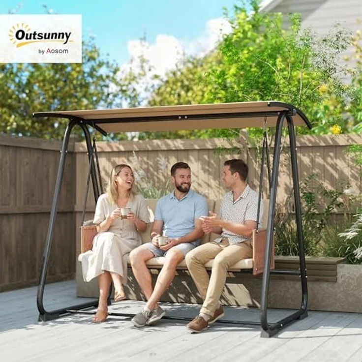 Outsunny Hollywoodschaukel mit verstellbar Sonnendach, abnehmbar Sitzauflage, 3-Sitzer, verstellbares Dach, Gartenschaukel, 1 tlg, Schaukelbank, 203 x 121 x 165 cm Sand – Bild 2