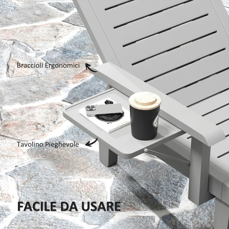 JARDJ Set aus 2 verstellbaren Gartenliegen mit Tisch und Armlehnen, aus Polypropylen, 79 x 158 x 88 cm, Hellgrau – Bild 7