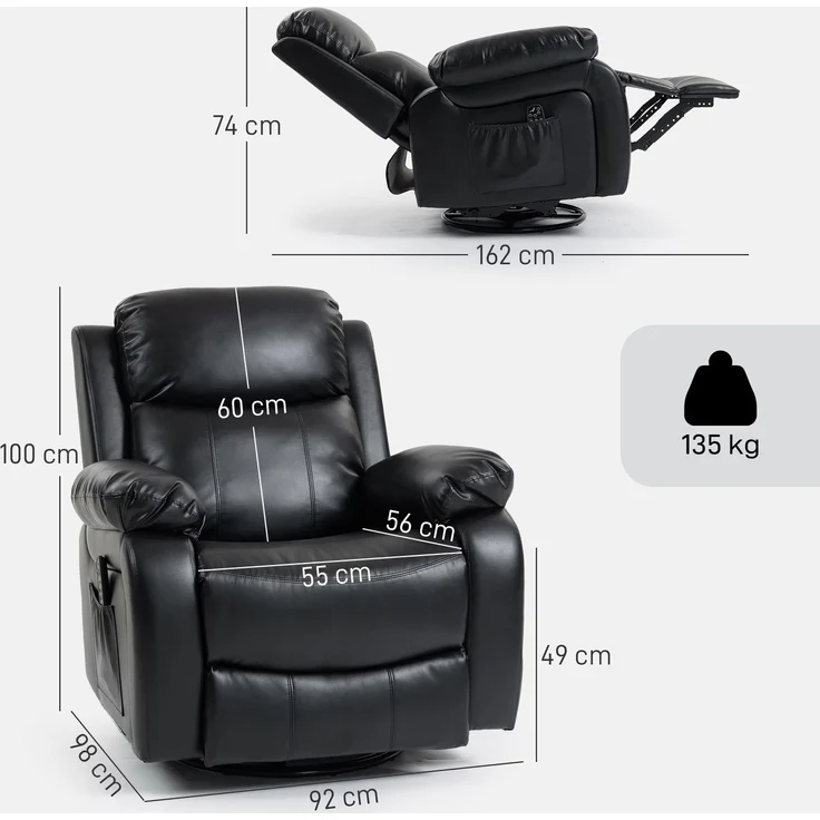 Wohnora-Massagesessel mit 8 Vibrationsköpfen, Relaxsessel, verstellbare Rückenlehne + Fußstütze, Schwarz,H 1000cm x T 980cm x B 920cm – Bild 4