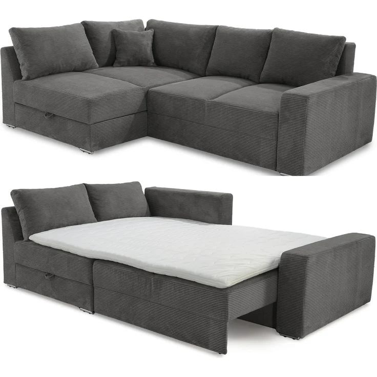 Ecksofa-Dauerschläfer Federkern Topper Bettkasten Schlafcouch Cord Dunkelgrau – Bild 9
