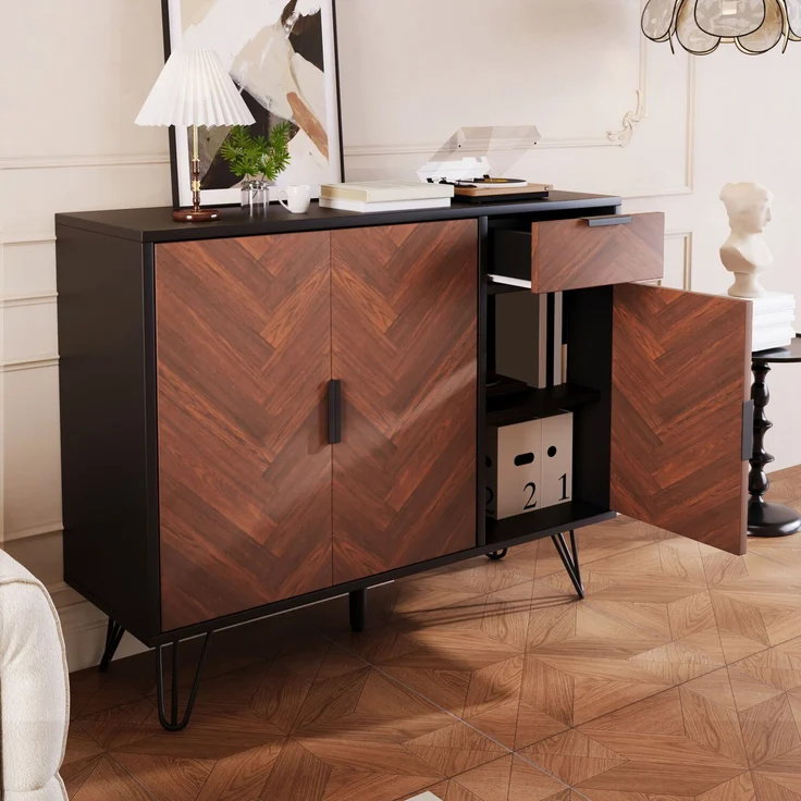 Merax Moderner Aufbewahrungsschrank, Sideboard in Schwarz und Holzoptik mit Schublade und höhenverstellbaren Einlegeböden (90 x 30 x 71,5 cm) – Bild 3