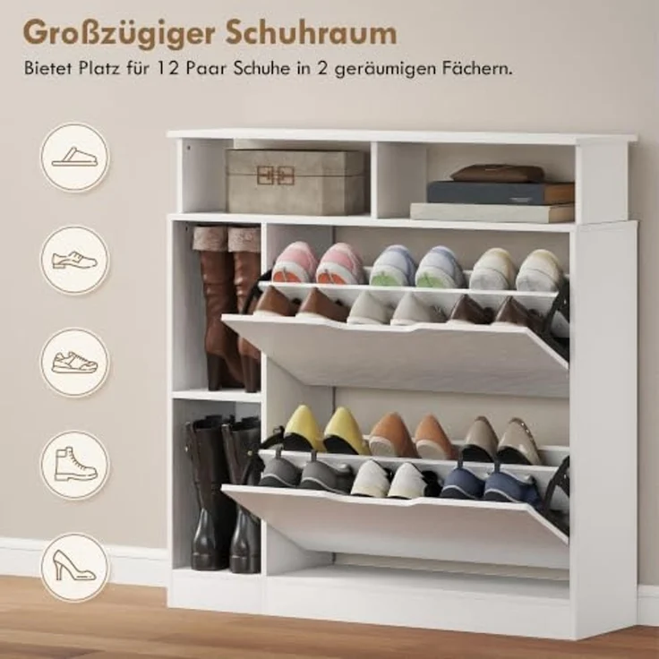 HOMCOM Schuhkipper Schuhaufbewahrung Schuhkommode mit 2 Klappen, schmal, offenem Fach (Schuhschrank, 1 St, Schuhregal), für Flur, Eingang 89 x 25 x 92 cm Weiß – Bild 5