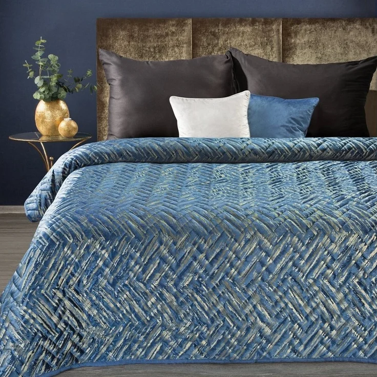Eurofirany Tagesdecke AGATHA, Velvet Tagesdecke Samt mit Golddruck Karomuster Steppung – Bild 1