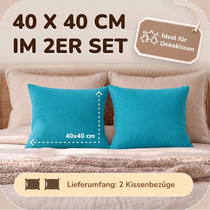 leevitex® Kissenbezüge Kissenbezug 40 x 40 cm, 2er Set, Petrol/Smaragdblau, (2 Stück), feine Jersey-Qualität, 100% Baumwolle, robuster Reißverschluss – Bild 3