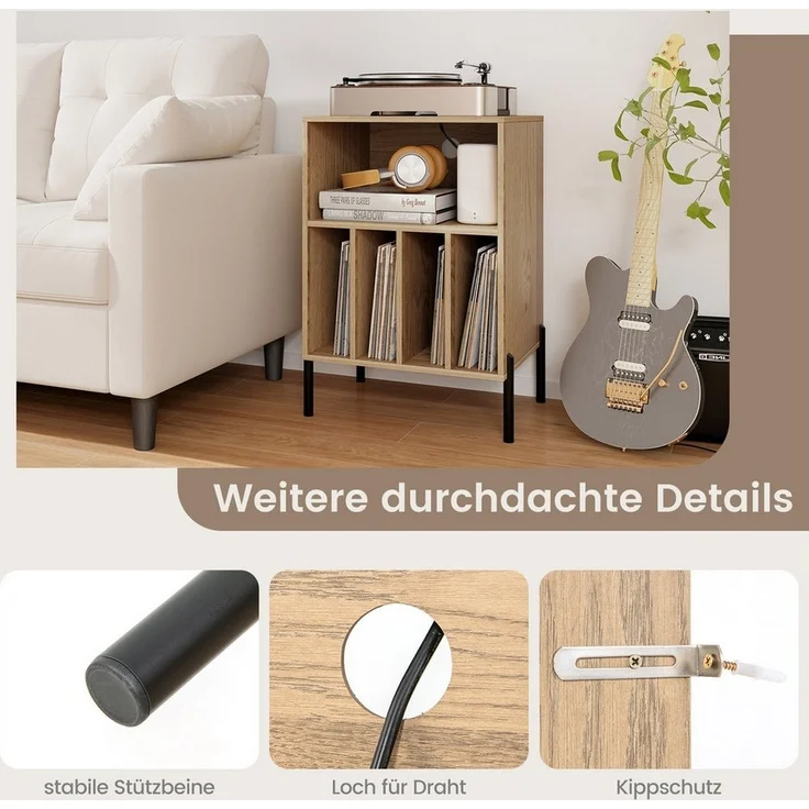 COSTWAY Nachttisch, Plattenspieler-Ständer mit Ladestation, Regal – Bild 3