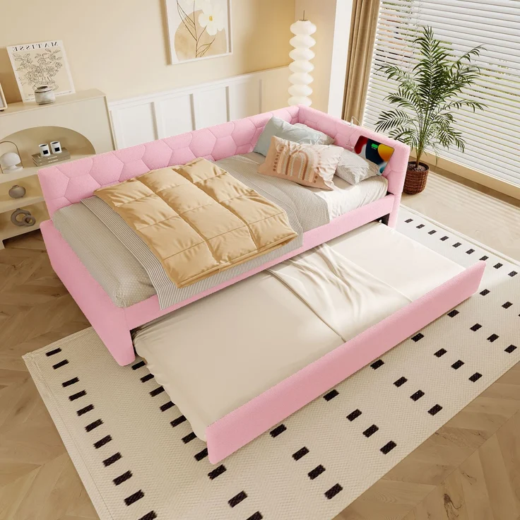 Daybett, 90*200cm Tagesbett, Schlafsofa, Bett mit Lattenrost (ohne Matratze), mit Nachttischlampe, mit multifunktionalem Ausziehbett, USB-Anschluss, Typ-C, Komfortmaterial, Boucle, Rosa – Bild 5