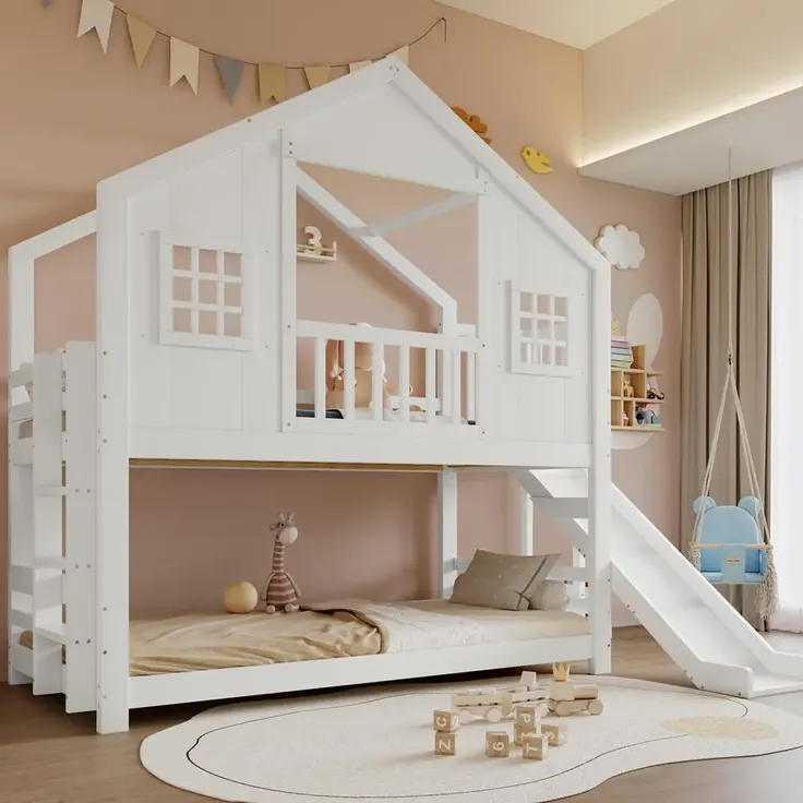 Etagenbett mit 2 Liegeflächen, Lattenrost, Rausfallschutz und Rutsche, 90x200cm, Hausbett, Spielbett, Kinderbett, Kiefer – Bild 2