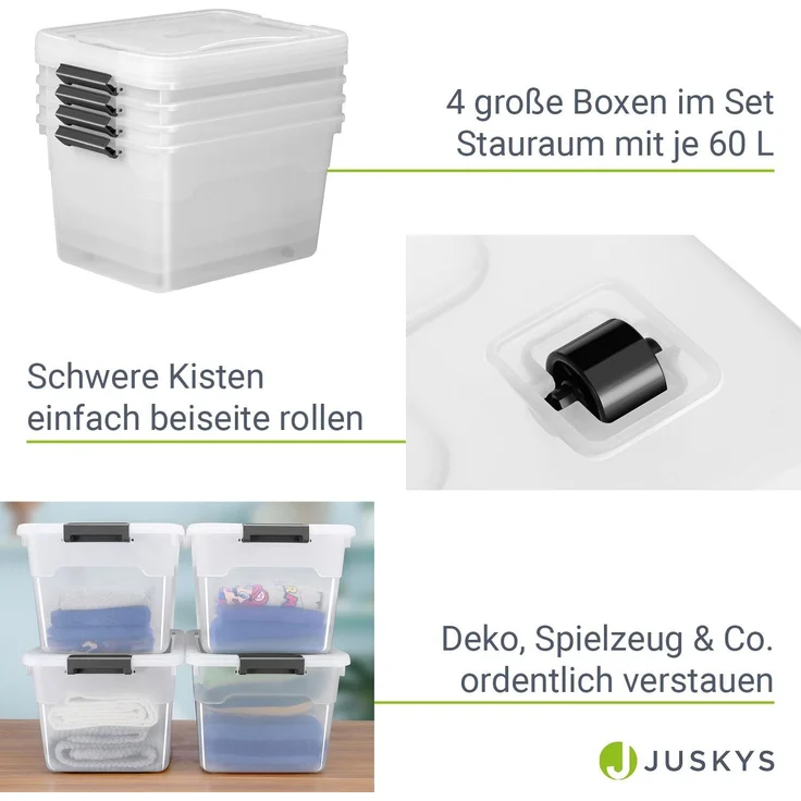 Juskys Aufbewahrungsbox mit Deckel, 4er-Set, stapelbar, Kunststoff transparent, 60 Liter – Bild 3