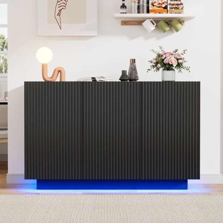 Merax LED Kommode Modern Design Sideboard mit Beleuchtung Schwarz Wohnzimmerschrank Bluetooth Steuerung Vertikale Streifen Anrichte 120cm Aufbewahrungsschrank – Bild 1