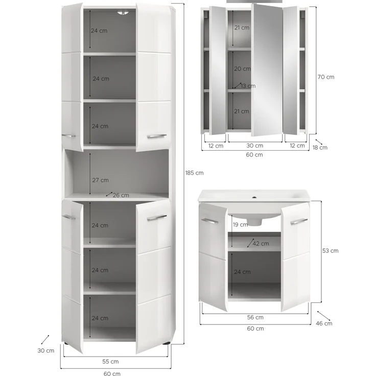 Badezimmer-Set >Ice< in Weiß / Weiß Hochglanz - 135x185x46cm (BxHxT) – Bild 5