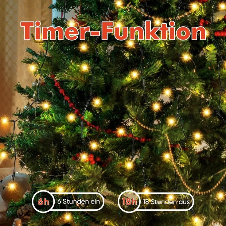 SALCAR 1,5m Weihnachtsbaum Lichterkette mit Ring, 8 Girlanden und Weihnachtsbaumspitze Stern, 210er LED Christbaumbeleuchtung Innen mit 8 Modi, Warmweiß – Bild 4