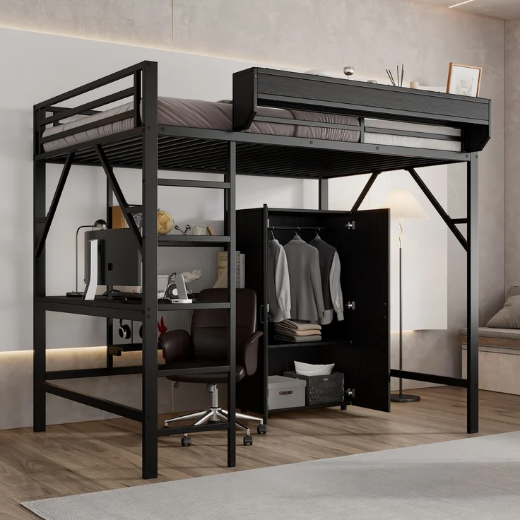 Merax Hochbett, 140x200cm Kinderbett, Doppelstöckiger Stauraum unter dem Schreibtisch, Oberes Bett mit Stauraum, Mit Kleiderschrank, Schwarz – Bild 2