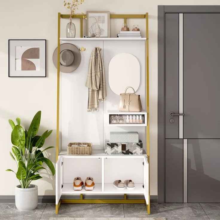 Faumrta Moderne minimalistische Kompaktgarderobe, offener multifunktionaler Aufbewahrungsschrank mit Spiegel, Metallhaken,Garderobenständer mit Schuhbank, Garderobe, Schuhaufbewahrung,Kleiderständer,78CM*38.5CM*180.5CMWeißMDF (Medium-Density-Faserplatte) – Bild 2