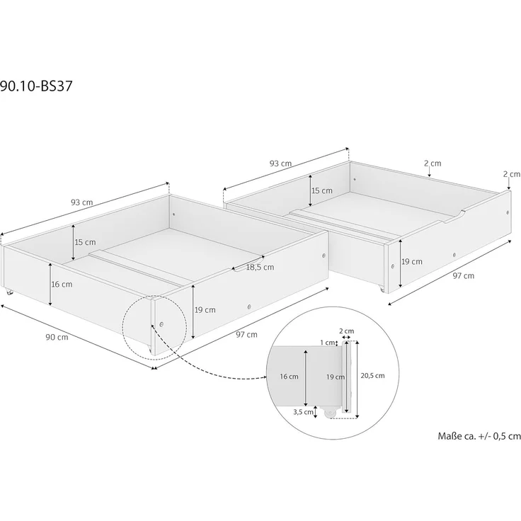 Bettkasten zweiteilig aus Buche als Staukasten für unsere Betten - Buche farblos lackiert 90.10-BS37 – Bild 3