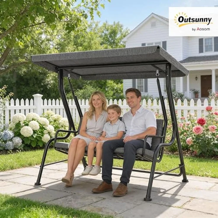 Outsunny Hollywoodschaukel Gartenschaukel mit Sonnendach, 3-Sitzer, Bettfunktion, Hollywoodschaukel, 1 tlg, Gartenschaukel, für Garten, Balkon, Schwarz – Bild 2