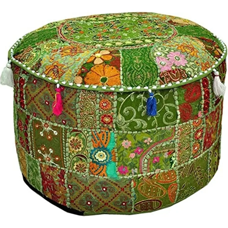 Aakriti Indian Pouf Fußhocker mit Stickerei Pouf, indische Baumwolle, Pouffe osmanischen Pouf Cover mit ethnischem Dekor Kunst - Cover (Green, 46x33 cms)
