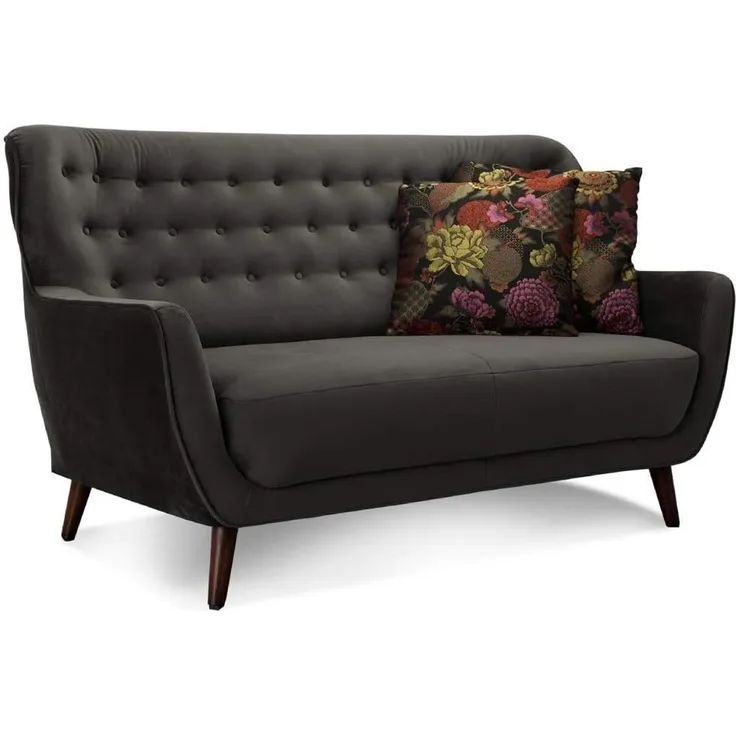 CAVADORE 2-Sitzer-Sofa Abby / Retro-Couch mit Samtbezug und Knopfheftung / 153 x 89 x 88 / Samtoptik, grau