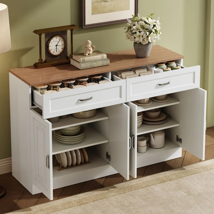 DESVIAE Sideboard mit 4 Türen und 2 Schubladen 120x80,5x35 cm Spanplatte Weiß – Bild 6