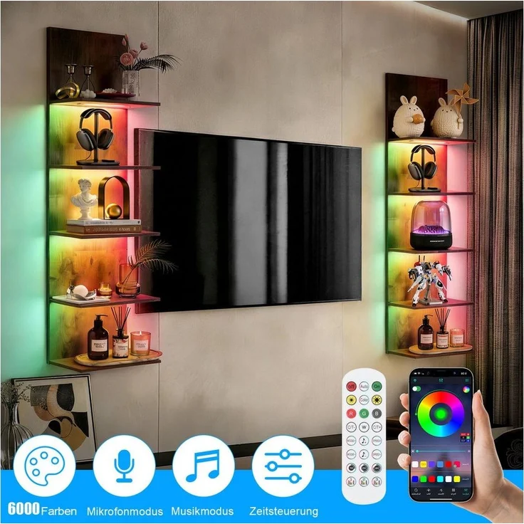 XERSEK Wandregal Bücherregal mit RGB+IC Lauflicht, Hängeregal Wandboard 30×18×117cm, App & Fernbedienung, Einzeln Ansteuerbare LEDs, Unsichtbare Montage, Wandboard Aufbewahrung & Zeigen von Kopfhörer Modelle Duft Dekoartikel – Bild 3