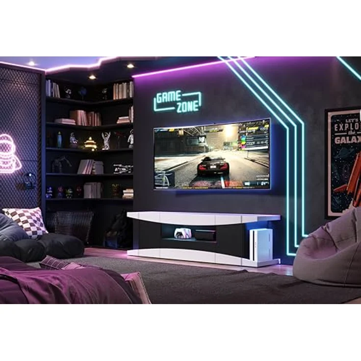 trendteam smart living - Level Up - TV-Schrank - Weiß/Schwarz - Gaming-Lowboard passend für z.B. PlayStation 5 - (BxHxT) 180 x 52 x 42 cm - mit LED-Spot BLAU, 4er-Set – Bild 4