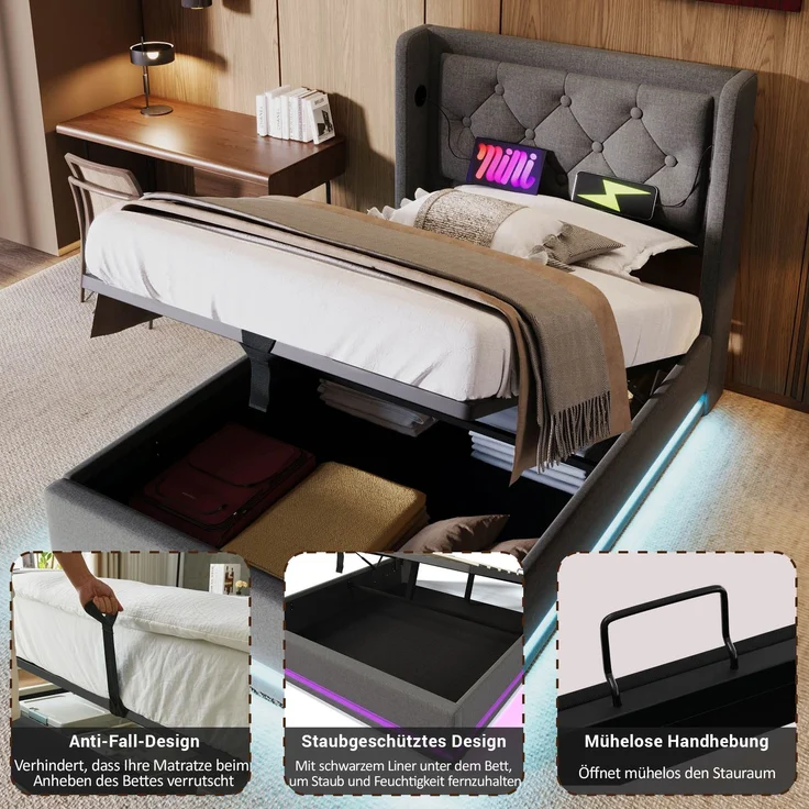 Polsterbett 90x200 cm Grau mit 3-seitiger LED-Beleuchtung, Wingback Kopfteil & USB Typ-C Ladefunktion,hydraulischer Stauraum,inklusive Matratze – Bild 8