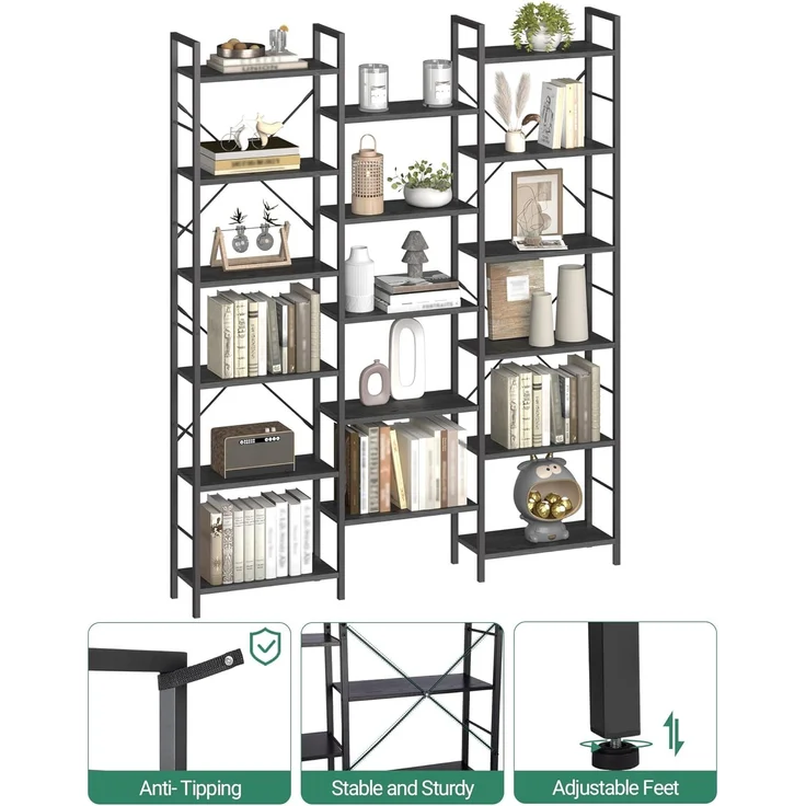 Bücherregale, Standregale, Regal mit 17 Fachböden, 6 Etagen, Verstellbarer Abstand, 24 x 152 x 186 cm, Tragfähigkeit 340 kg, Wohnzimmer, Büro, Schwarz mit Holzmaserung – Bild 4