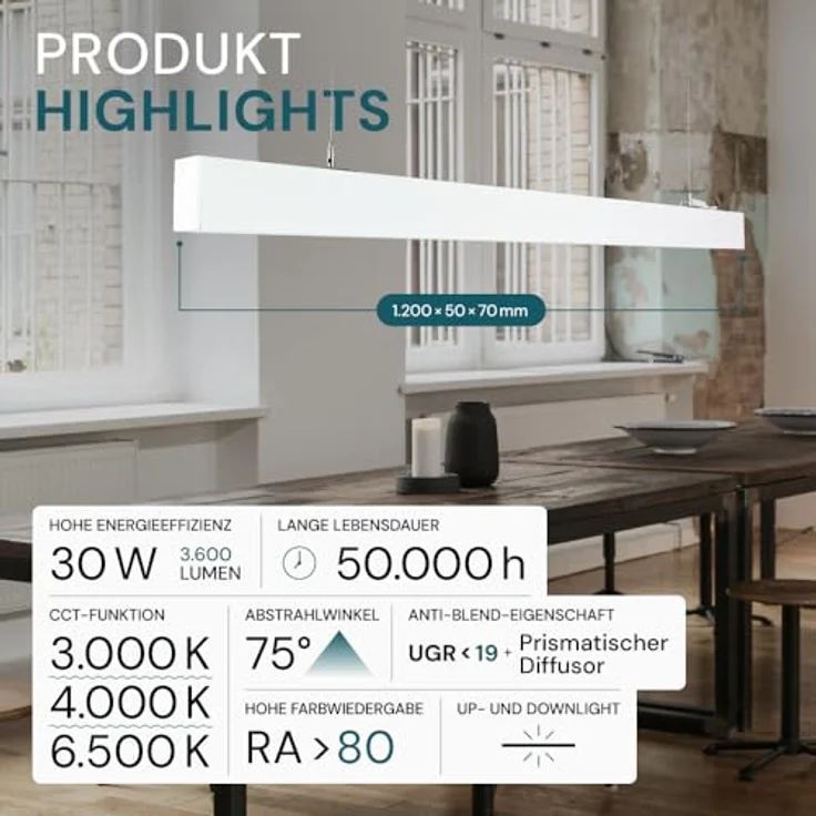LUXULA LED Pendelleuchte 120 cm, 30W 3600lm, einstellbar 3000-6500K, Aluminium hängend, blendfrei UGR<19, ideal für Büro und Esszimmer – Bild 2